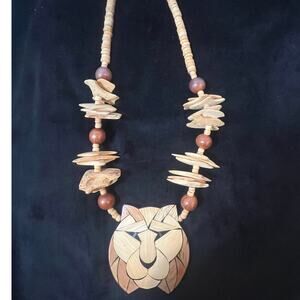 Vintage Wood Inlay Lion's Head and Wood Beaded Necklace